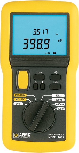 AEMC 1039: Megohmmeter Model 1039 (Digital w/Analog Bargraph, Alarm, Timer, _Rel, Backlight, 50V, 100V, mA, nF, km)