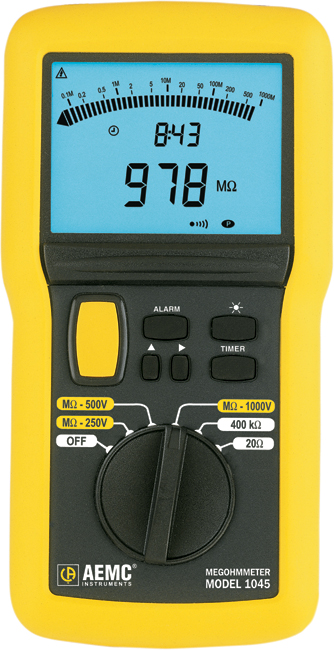 AEMC 1045: Megohmmeter Model 1045 (Digital w/Analog Bargraph, Alarm, Timer, Backlight, 250V, 500V, 1000V, 400k_, Continuity)