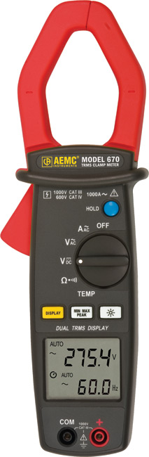 AEMC 670: Clamp-on Meter Model 670 (Dual Display, TRMS, AC Amps, AC/DC Volts, Ohms, Continuity, Frequency, & Temperature)